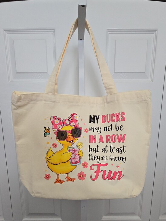 Handbags - Tote Bag with Pink Duck Graphic - Ducks In A Row